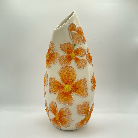 Vintage‎ Ceramic Vase Handmade 1987 Joan Muss Cream Orange Flowers Lava Textured - Picture 2 of 10